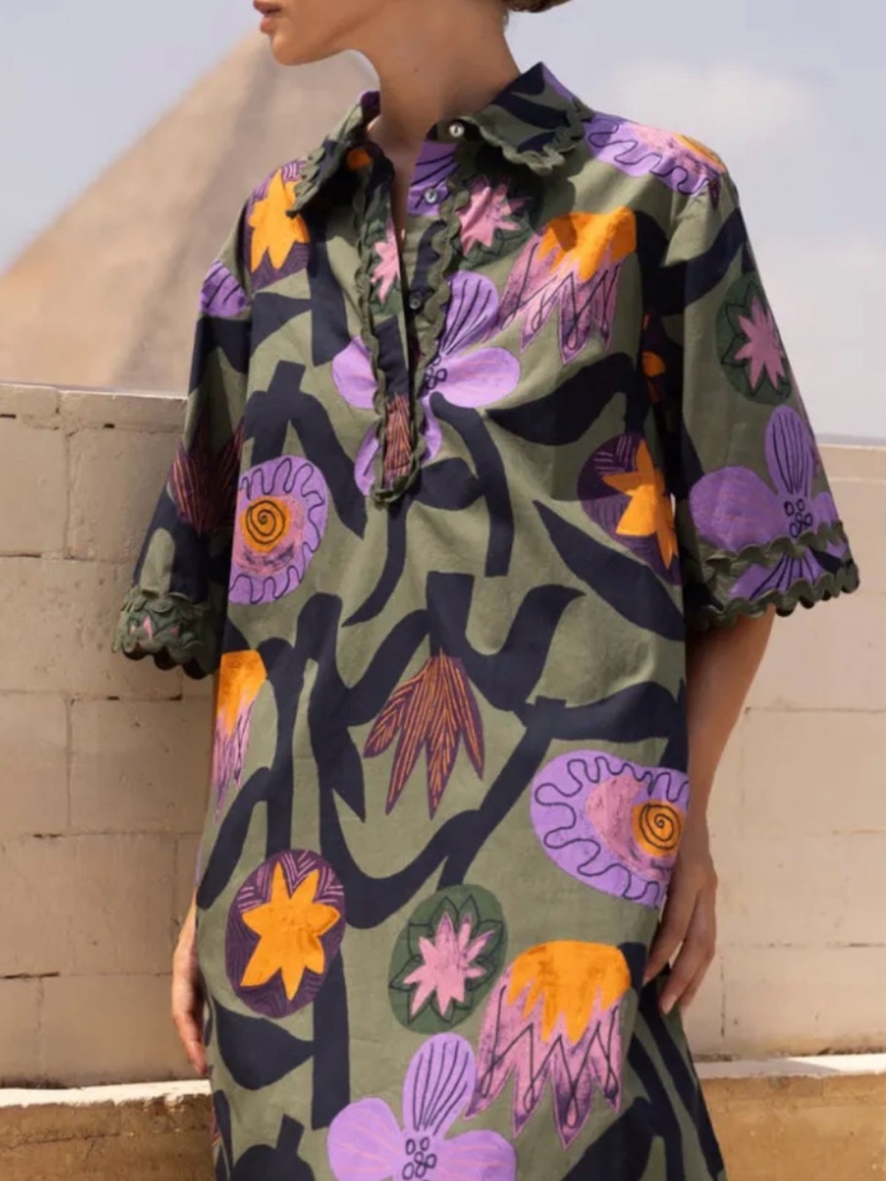 Oliphant Floral Print mini shirt Dress with Purple & Orange Accents